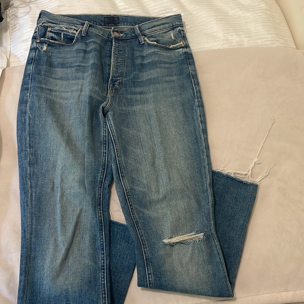MOTHER Straight Leg Jeans in Faded Blue with Frayed Hem - Picture 3 of 5